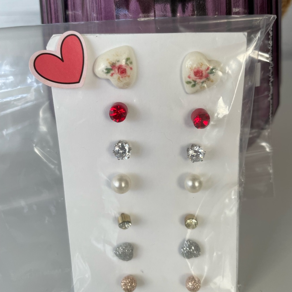 Rue21 Heart Floral, Red, Clear, Pearl and Glitter Earring Set - Picture 1 of 1